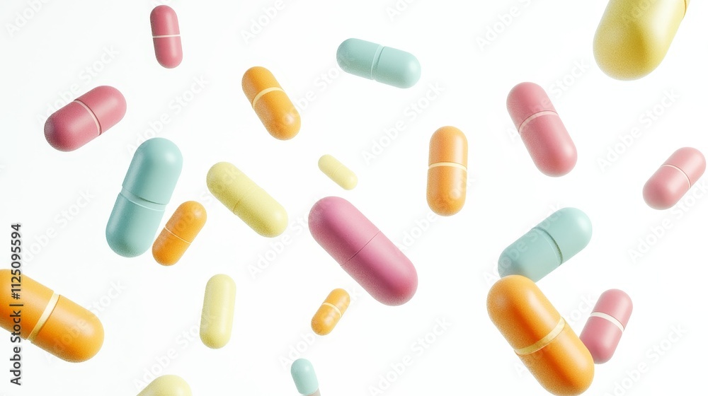 Vibrant Floating Pharmaceutical Capsules and Tablets in Mid air Studio Background Vibrant Floating Pharmaceutical Capsules and Tablets in Mid air Studio Background