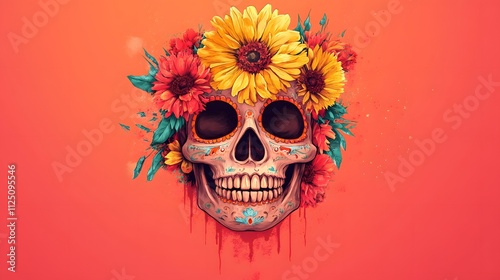 Illustration of Day of Dead skull wearing flowers 