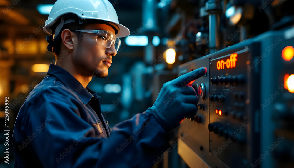 Focused Industrial Worker Operating Complex Machinery in a Modern Factory Setting Focused Industrial Worker Operating Complex Machinery in a Modern Factory Setting