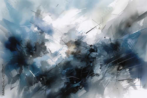 Abstract blue and gray watercolor painting with dynamic brushstrokes and textures.