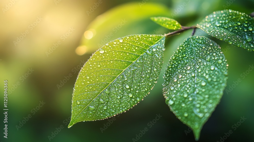 Dew Drops Adorn Lush Green Leaves In Sunlight Dew Drops Adorn Lush Green Leaves In Sunlight