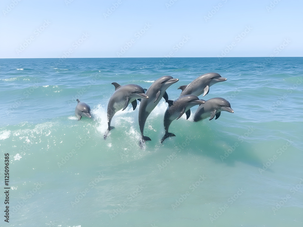 Obraz premium Dolphins jumping out of the water on a sunny day in summer