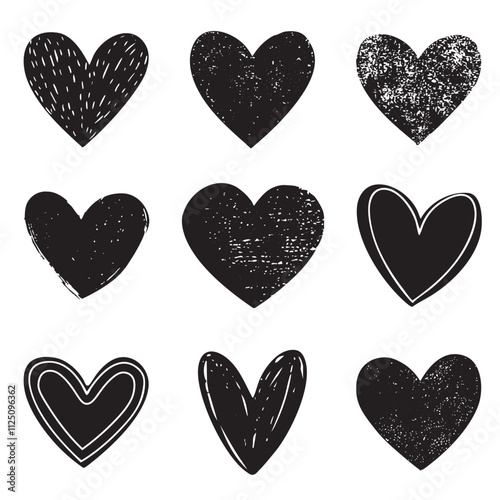 Set of Grunge and Minimalist Black Hearts