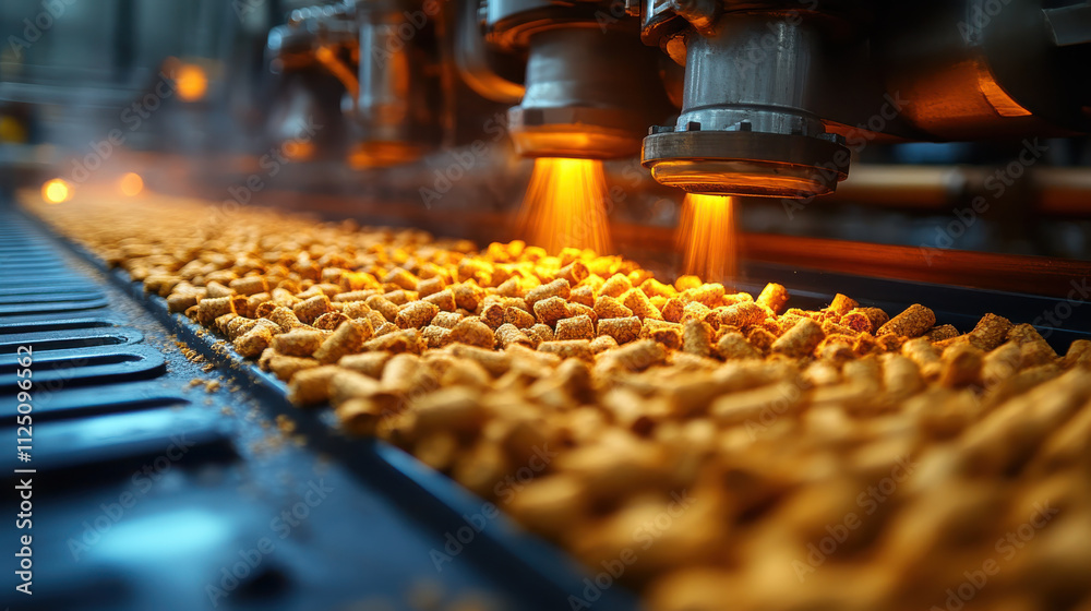 Industrial production line with golden pellets being processed, showcasing machinery and vibrant atmosphere. scene captures essence of manufacturing and efficiency Industrial production line with golden pellets being processed, showcasing machinery and vibrant atmosphere. scene captures essence of manufacturing and efficiency