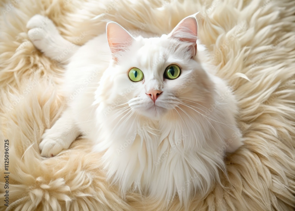 Fototapeta premium Drone View: Playful White Cat on Fluffy Rug - Adorable Green Eyes - Cute Pet Photography