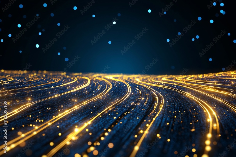A 3D-rendered dynamic background of flowing ribbons of light twisting and turning in a futuristic digital space