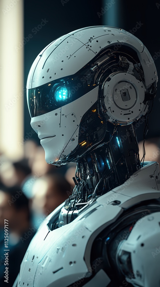 Fototapeta premium Humanoid ai robot instructor in minimalist classroom setting