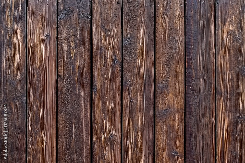 Fototapeta premium Textured wall with narrow vertical slats of dark brown wood, showcasing natural grain and rustic charm. Perfect for adding warmth to any space