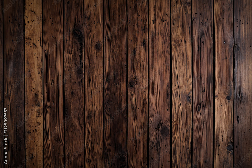 Naklejka premium Textured wooden wall with narrow vertical slats, showcasing rich brown tones and natural grain patterns. This rustic backdrop adds warmth and character to any space