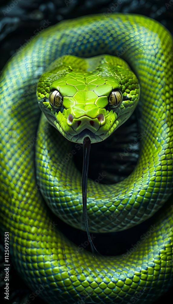 amazing green snake against dark background. close up. Ai generated