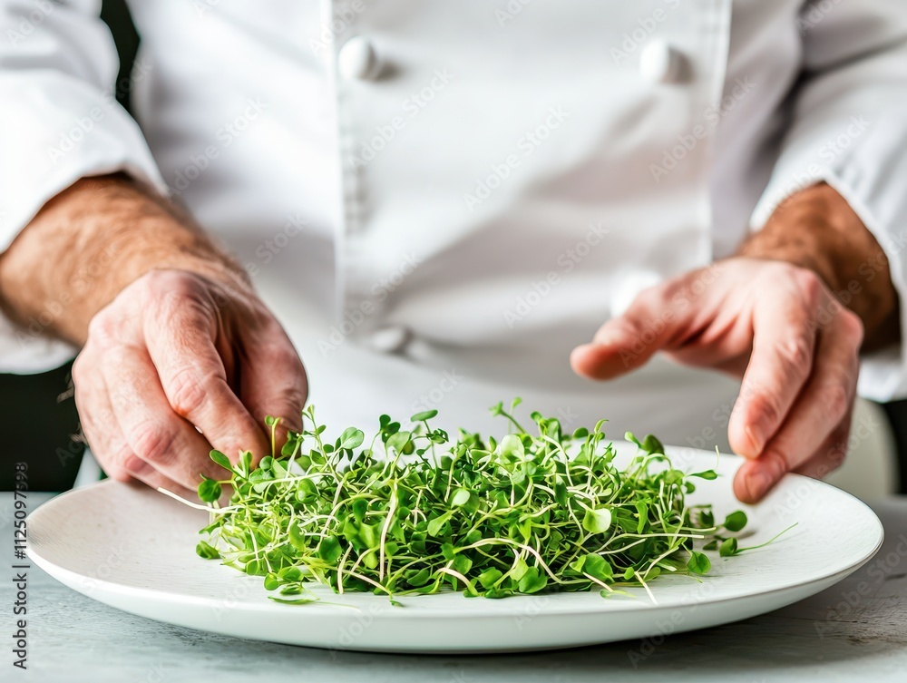 Chef garnishing a fresh plate of microgreens with expert hands. Chef garnishing a fresh plate of microgreens with expert hands.
