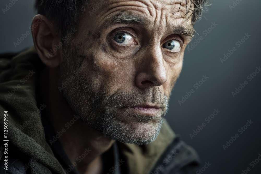 Portrait of a homeless man reflecting on his life in a city alley Portrait of a homeless man reflecting on his life in a city alley
