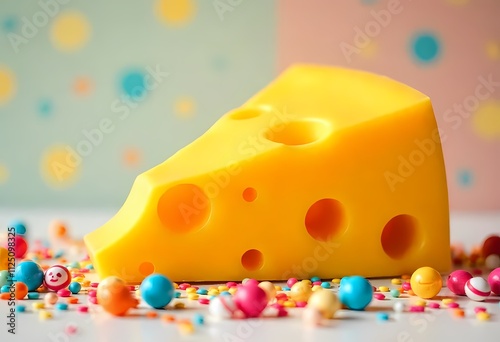 Ilustración de una porción de queso suizo con agujeros  photo