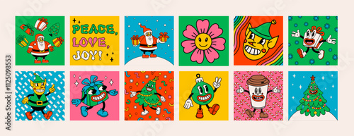 Retro style Christmas mini cards or stickers with groovy Christmas characters and objects. Ideal for Christmas and New Year sticker designs and decorations, vector illustration