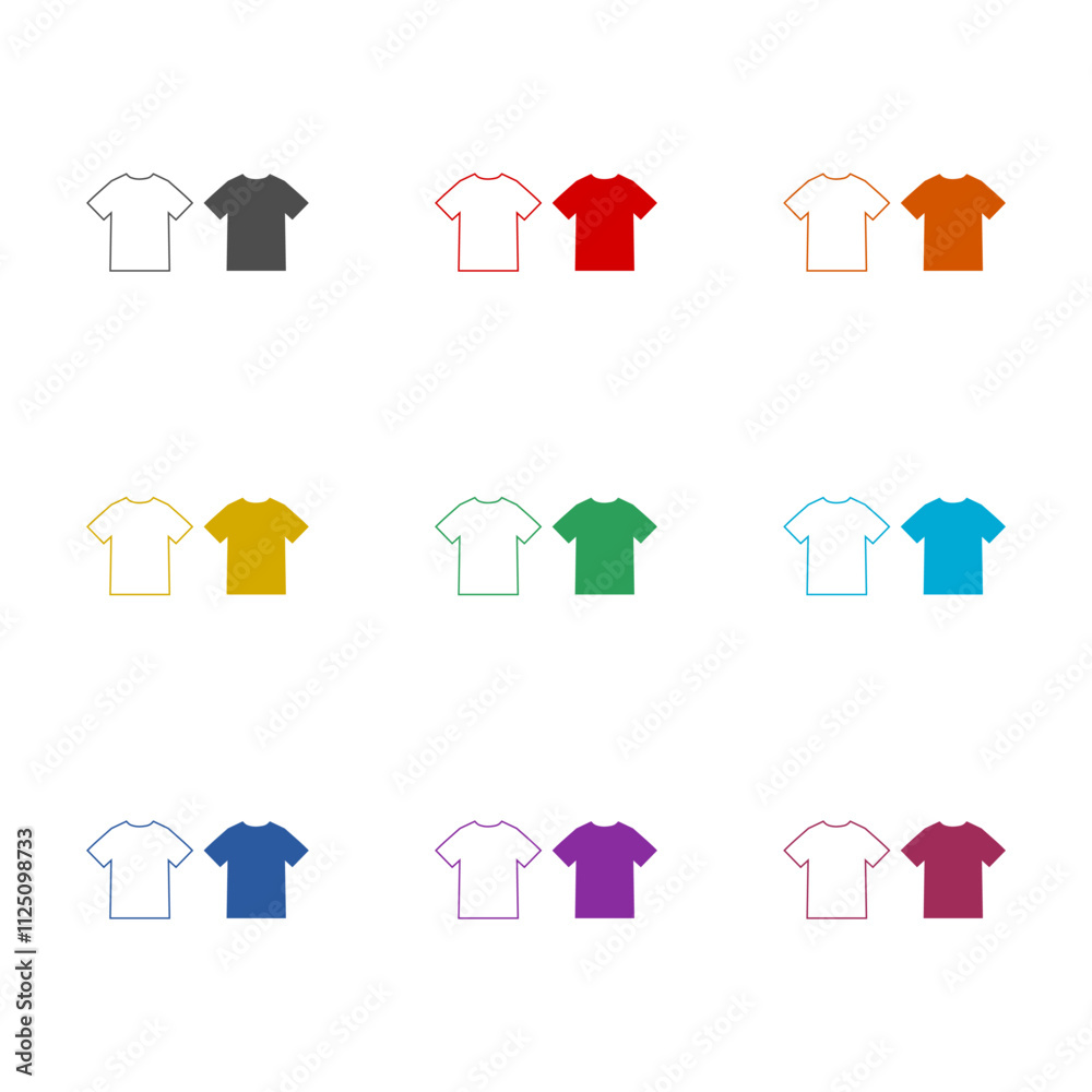 T-shirt color and white icon isolated on white background. Set icons colorful T-shirt color and white icon isolated on white background. Set icons colorful