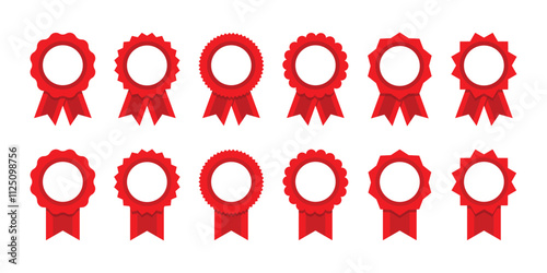 Red ribbon and banner. Medal set with ribbon. Achievement label. Winner Prize. Vector seal collection in flat style