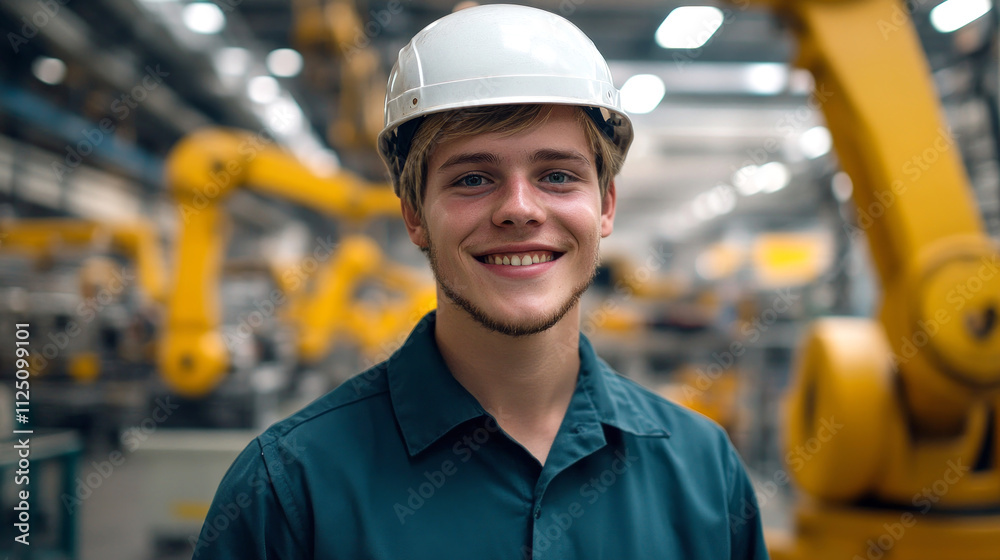 Portrait of a young factory worker smiling in modern automated plant Portrait of a young factory worker smiling in modern automated plant