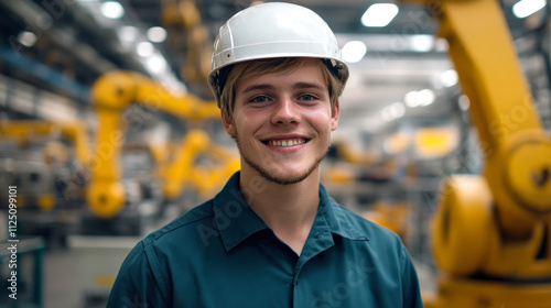 Portrait of a young factory worker smiling in modern automated plant