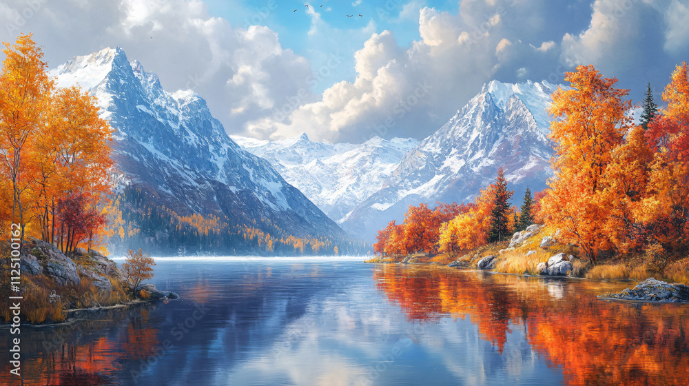 Golden autumn landscape in the Alps with crystal-clear lakes reflecting the vibrant colors of the leaves and snow-covered mountains. Golden autumn landscape in the Alps with crystal-clear lakes reflecting the vibrant colors of the leaves and snow-covered mountains.