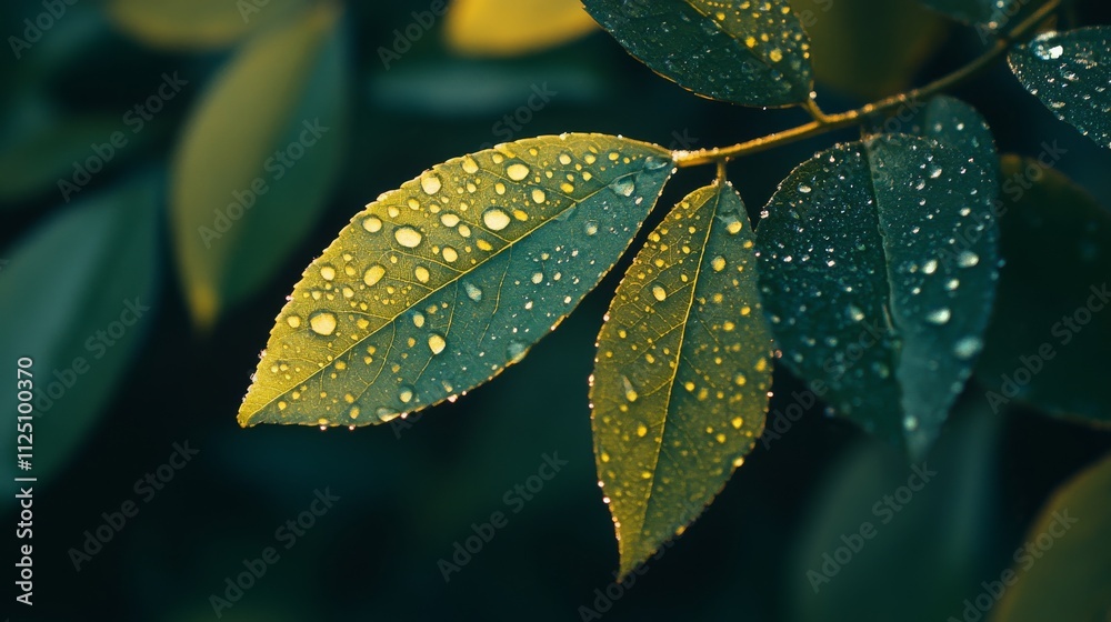 Dew Drops Adorn Lush Green Leaves In Sunlight Dew Drops Adorn Lush Green Leaves In Sunlight