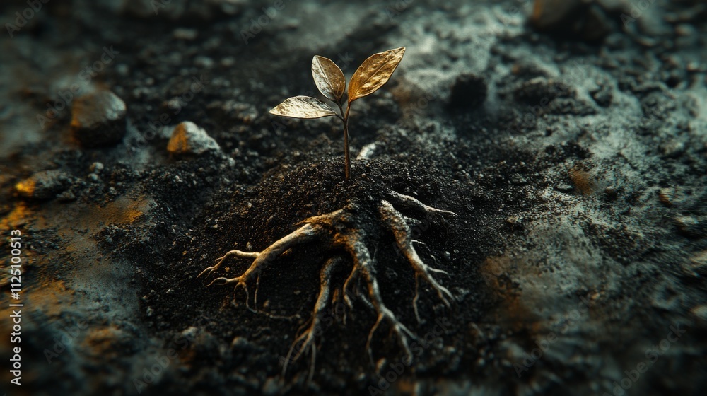 Golden Sprout Emerging From Dark Soil Golden Sprout Emerging From Dark Soil