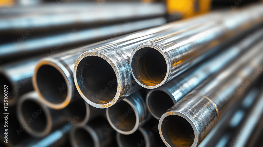 Close-Up View of Metal Pipes Stacked Together in a Industrial Setting with Shine and Reflections Highlighting Their Smooth Surfaces