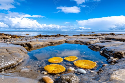 A coastal tide pool filled with sea anemones, starfish, and tiny crabs, reflecting the sky above
