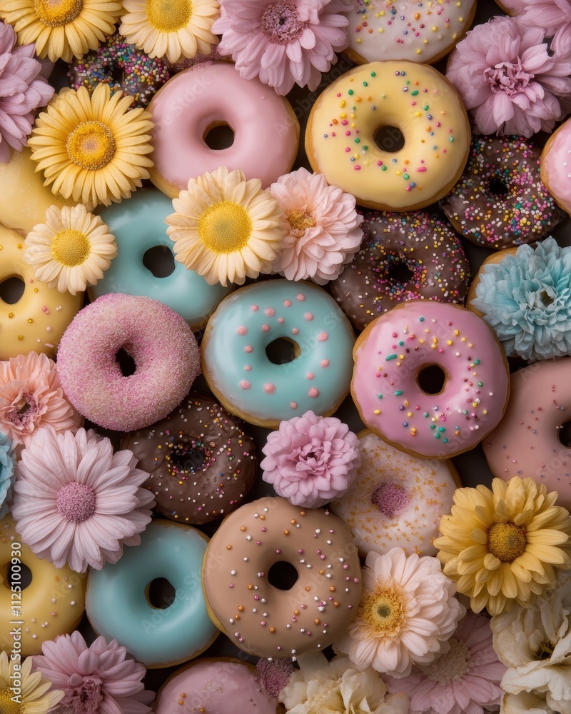 A vibrant arrangement of colorful donuts interspersed with bright flowers, creating a delightful and cheerful visual feast perfect for any occasion that celebrates sweetness. A vibrant arrangement of colorful donuts interspersed with bright flowers, creating a delightful and cheerful visual feast perfect for any occasion that celebrates sweetness.