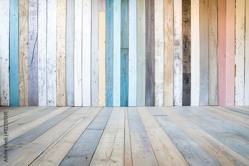 wall with reclaimed wood planks in soft pastel colors creates serene and inviting atmosphere, perfect for photography or interior design photo