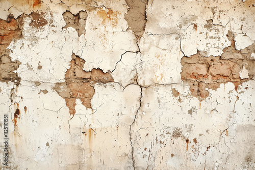 Weathered brick wall with cracks and peeling paint, showcasing texture and age. subtle color variations add character to this rustic surface photo