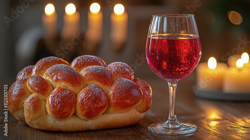 Freshly baked challah bread and glass of red wine on wooden table, illuminated by soft candlelight, creating warm and inviting atmosphere for festive gathering photo