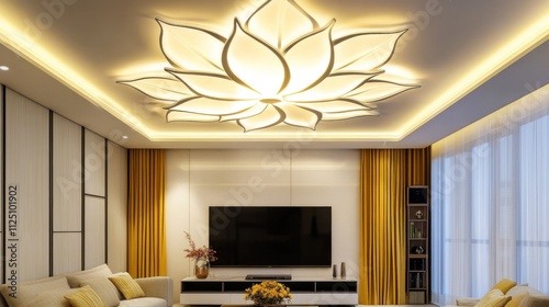 Modern living room with elegant lotus-shaped ceiling light. photo