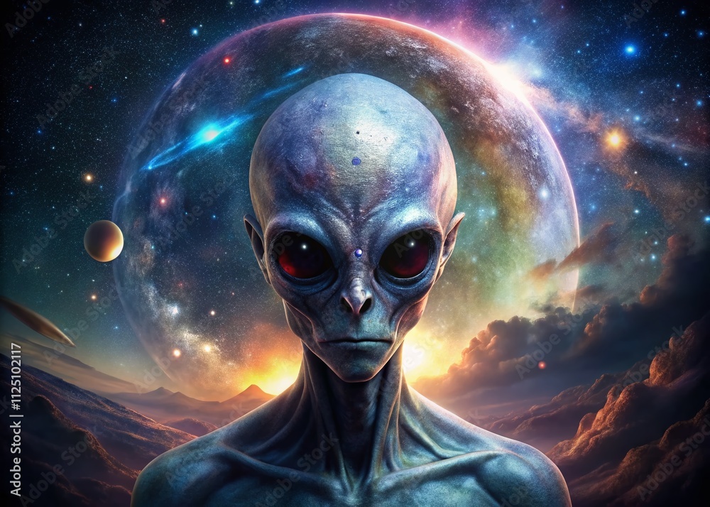 Creepy Double Exposure of an Alien Creature with Martian Features Blending into a Starry Night Sky, Capturing the Essence of Extraterrestrial Life and Mystique