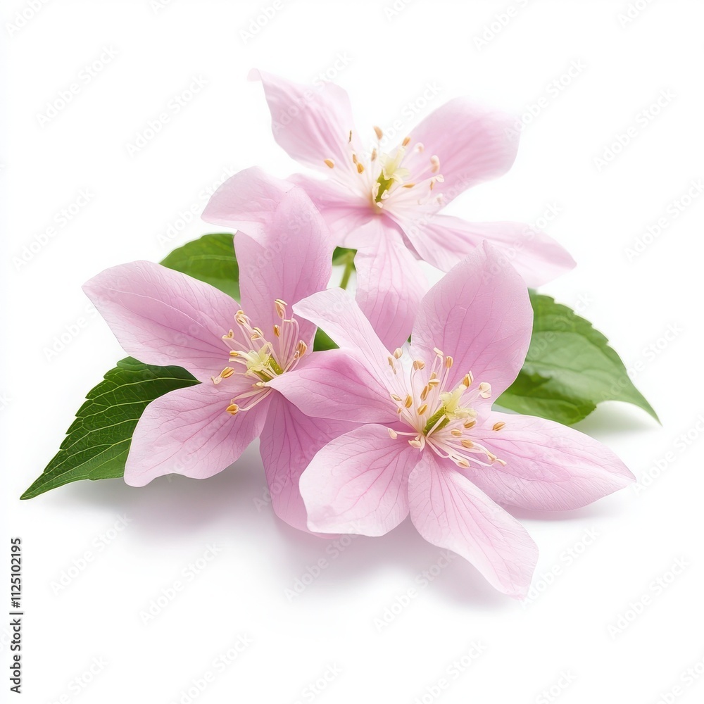 Fototapeta premium Delicate pink flowers with green leaves on a white background.