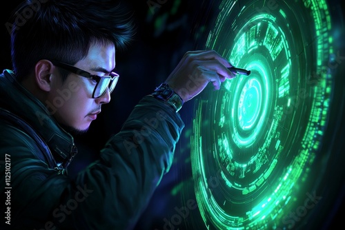 A cyberpunk-themed image of a worker in a glowing neon city, manually repairing high-tech machinery under the glow of holograms, symbolizing effort in a futuristic world