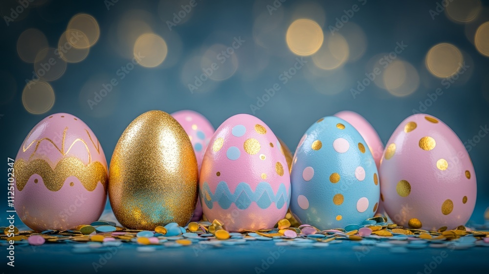 Golden and Pastel Easter Eggs on Blue Glitter Background. Decorative Easter Egg Hunt Celebration Golden and Pastel Easter Eggs on Blue Glitter Background. Decorative Easter Egg Hunt Celebration