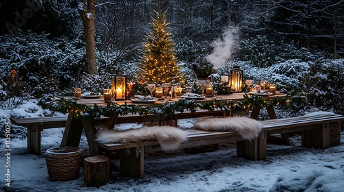 A picturesque outdoor Christmas table set in a snow-covered garden.  photo