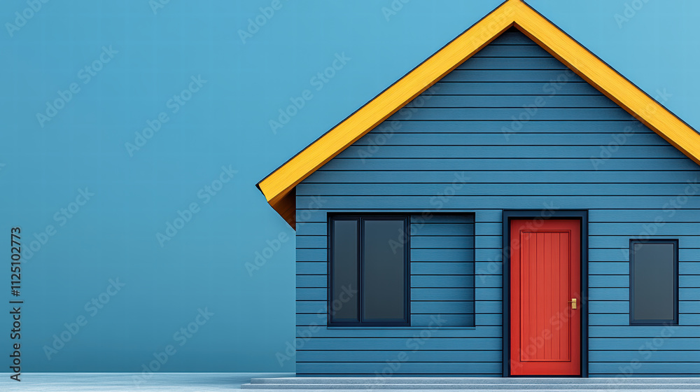 modern blue house with yellow roof and red door, set against solid blue background. design is simple yet striking, perfect for showcasing creativity modern blue house with yellow roof and red door, set against solid blue background. design is simple yet striking, perfect for showcasing creativity