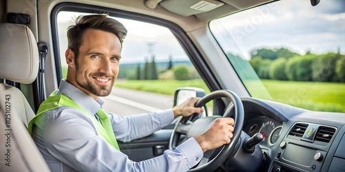 Driver focused on the road smiling while operating a vehicle in a sunny countryside environment