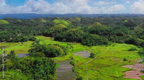 Aerial drone view Chocolate Hills and Rice Terraces Bohol Island, Philippines. High quality 4k footage