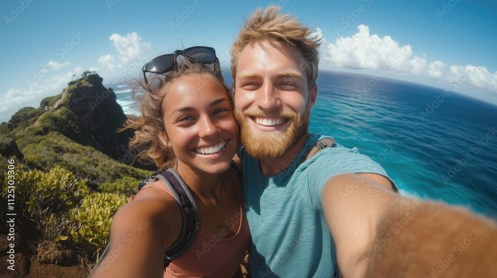 Adventurous couple capturing a joyful selfie by the ocean Adventurous couple capturing a joyful selfie by the ocean
