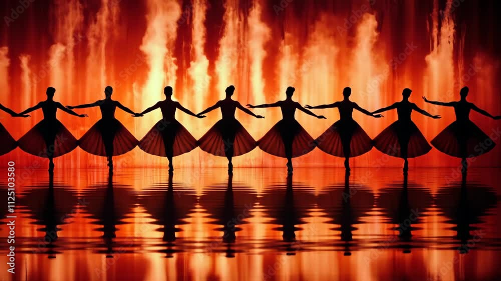 Elegant dancers perform synchronized ballet in silhouette against vibrant orange backdrop