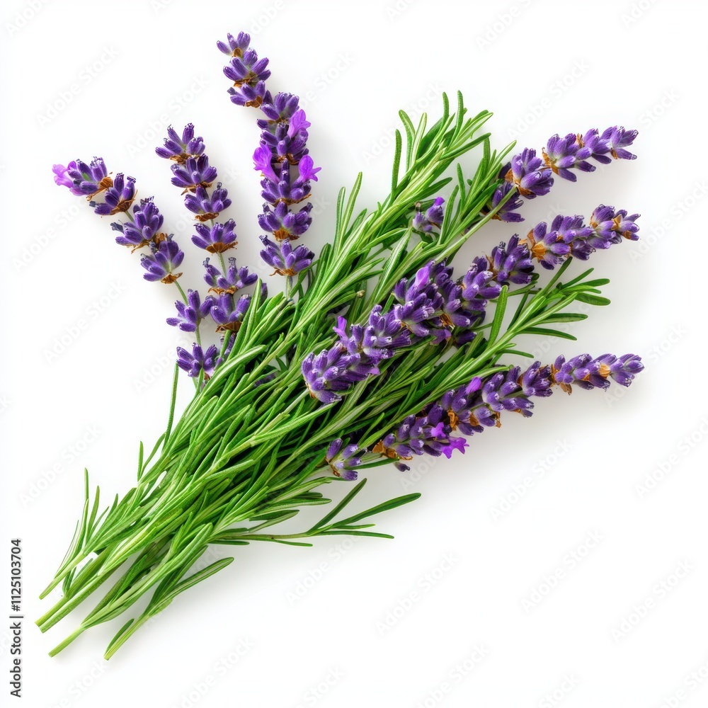 Fototapeta premium Lavender flowers, vibrant purple, green stems, isolated on white background.