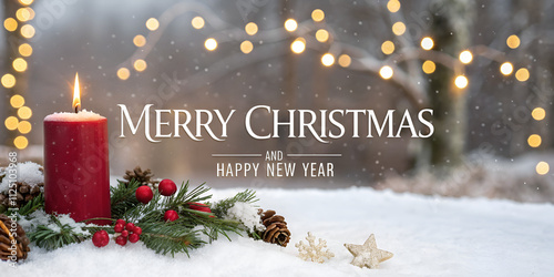 Christmas greeting card with English text “Merry Christmas and Happy New Year”, Winter background with candle, snow and golden lights. 