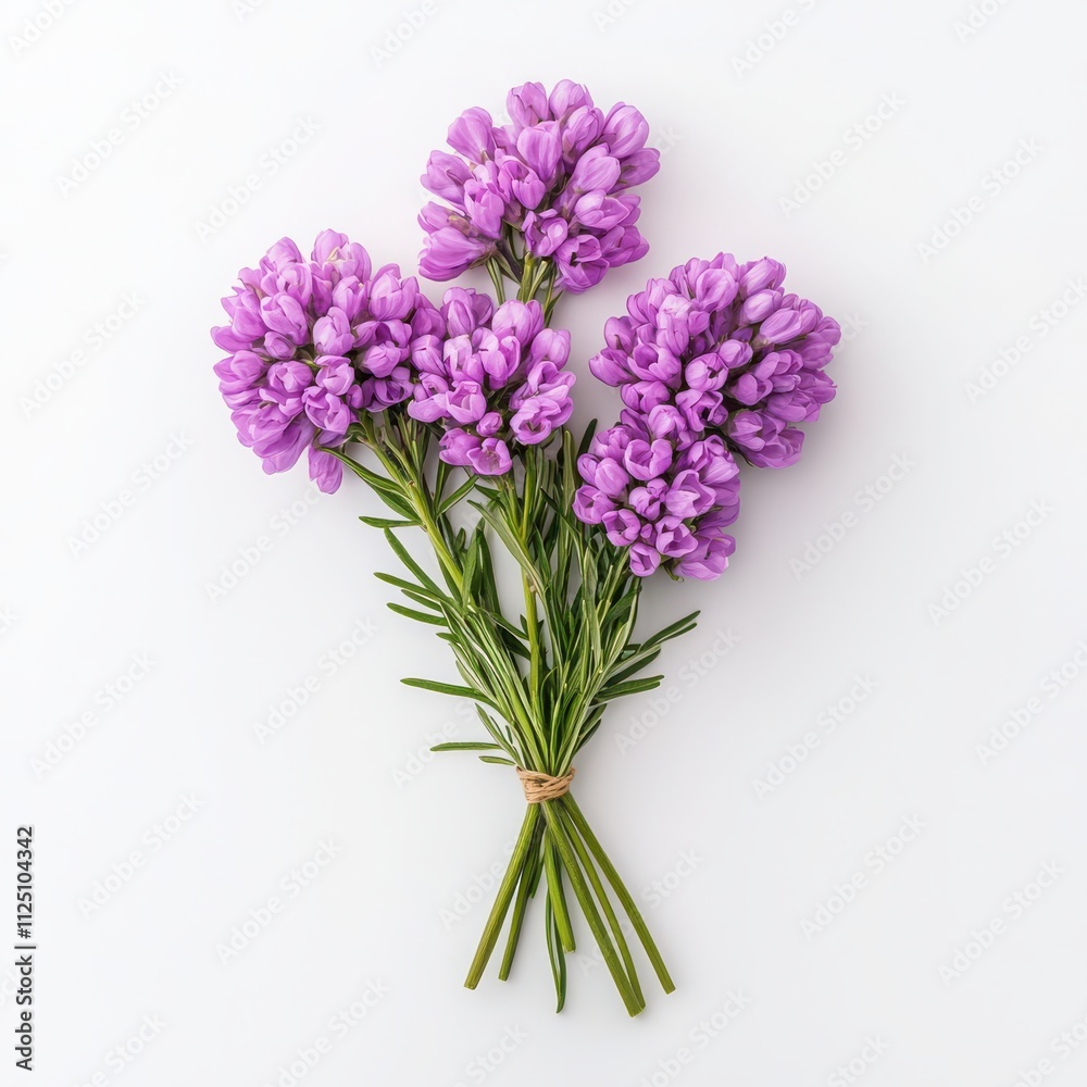 Fototapeta premium Purple flower bouquet with green stems, white isolated background.