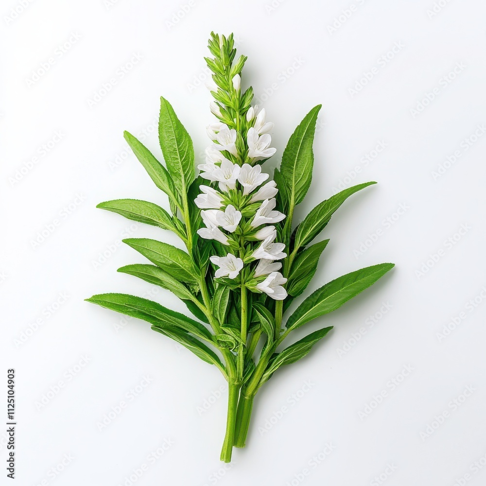 Fototapeta premium White flowering plant with green leaves on a white isolated background.