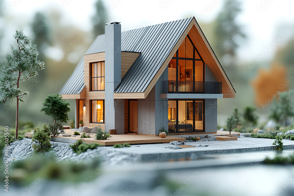 A 3D model of a small modern house placed on an architectural floorplan, showcasing detailed design, precise measurements, and creative planning A 3D model of a small modern house placed on an architectural floorplan, showcasing detailed design, precise measurements, and creative planning