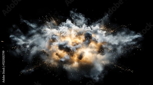 A powerful explosion releasing smoke, fire, and sparks in a dark background, evoking energy, destruction, and cinematic drama.  . photo