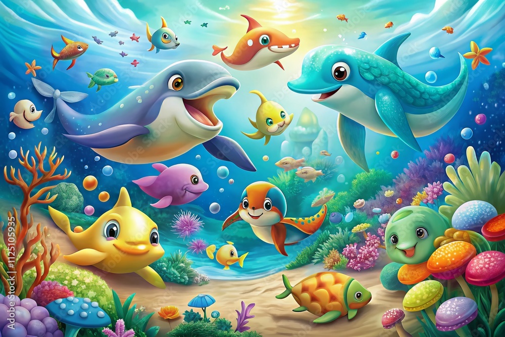 Cute Animals Enjoying a Sea Adventure at a Children's Party – Whimsical Poster Painting for Kids’ Room Decor Featuring Friends Playing in a Colorful Underwater World on White Background Cute Animals Enjoying a Sea Adventure at a Children's Party – Whimsical Poster Painting for Kids’ Room Decor Featuring Friends Playing in a Colorful Underwater World on White Background
