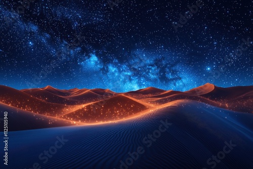 Majestic desert landscape illuminated by starlit sky at night showcasing rolling sand dunes and twinkling stars. Generative AI photo